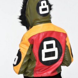 Women's Robert Phillipe Multicolor 8 Ball Bomber Leather Jacket with Fur Hood
